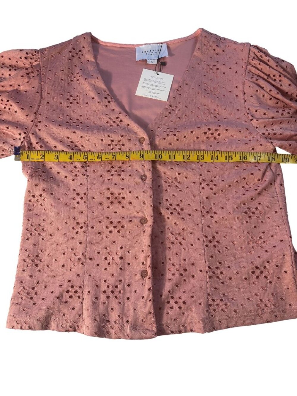 The Shirt Rochelle Behrens Dusty Rose Eyelet Puff Sleeve Button-Down Top Large - Picture 4 of 10